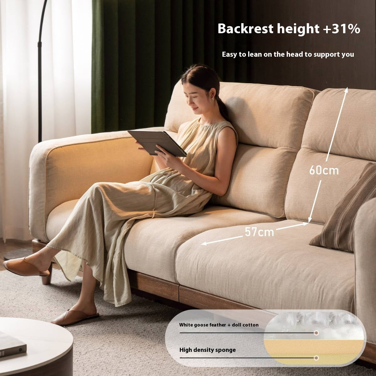 Sandalwood, Ash Solid Wood Genuine Leather, fabric High-Back Sofa