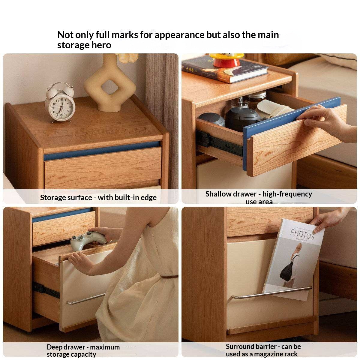 Cherry Solid Wood Nightstand with Storage Drawer and Magazine Holder with Wheels