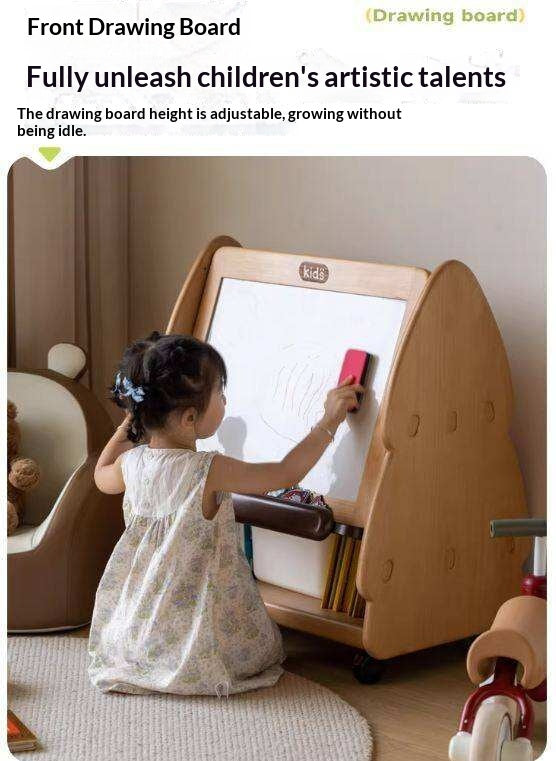 Beech, Poplar Solid Wood Movable Kids Bookshelf with Wheels, Multifunctional Storage