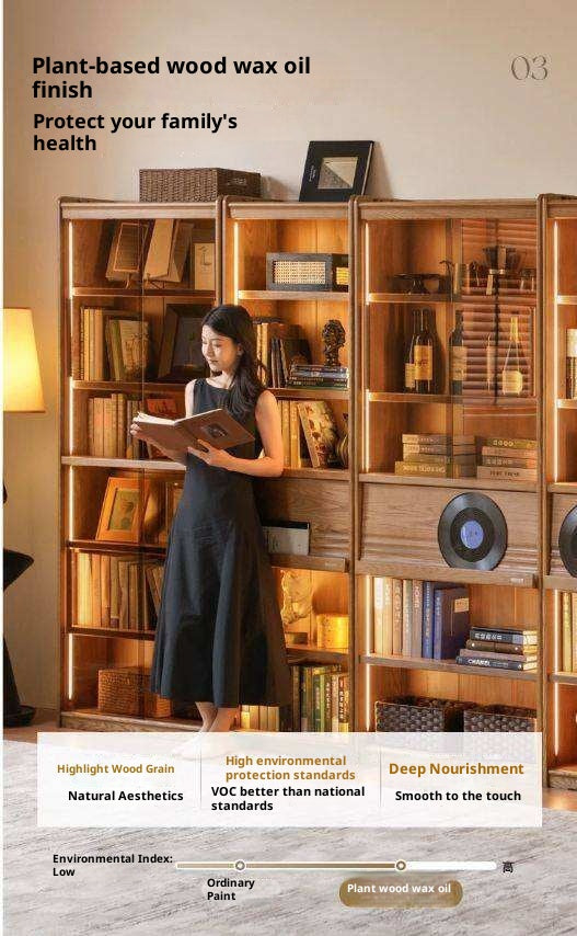 Ash Solid Wood Bookcase with Wall-Mounted Display and Storage Cabinet