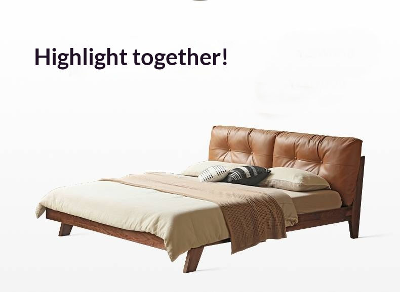 Black Walnut Solid Wood Bed with Top Genuine Leather Upholstery and Nordic High Headboard