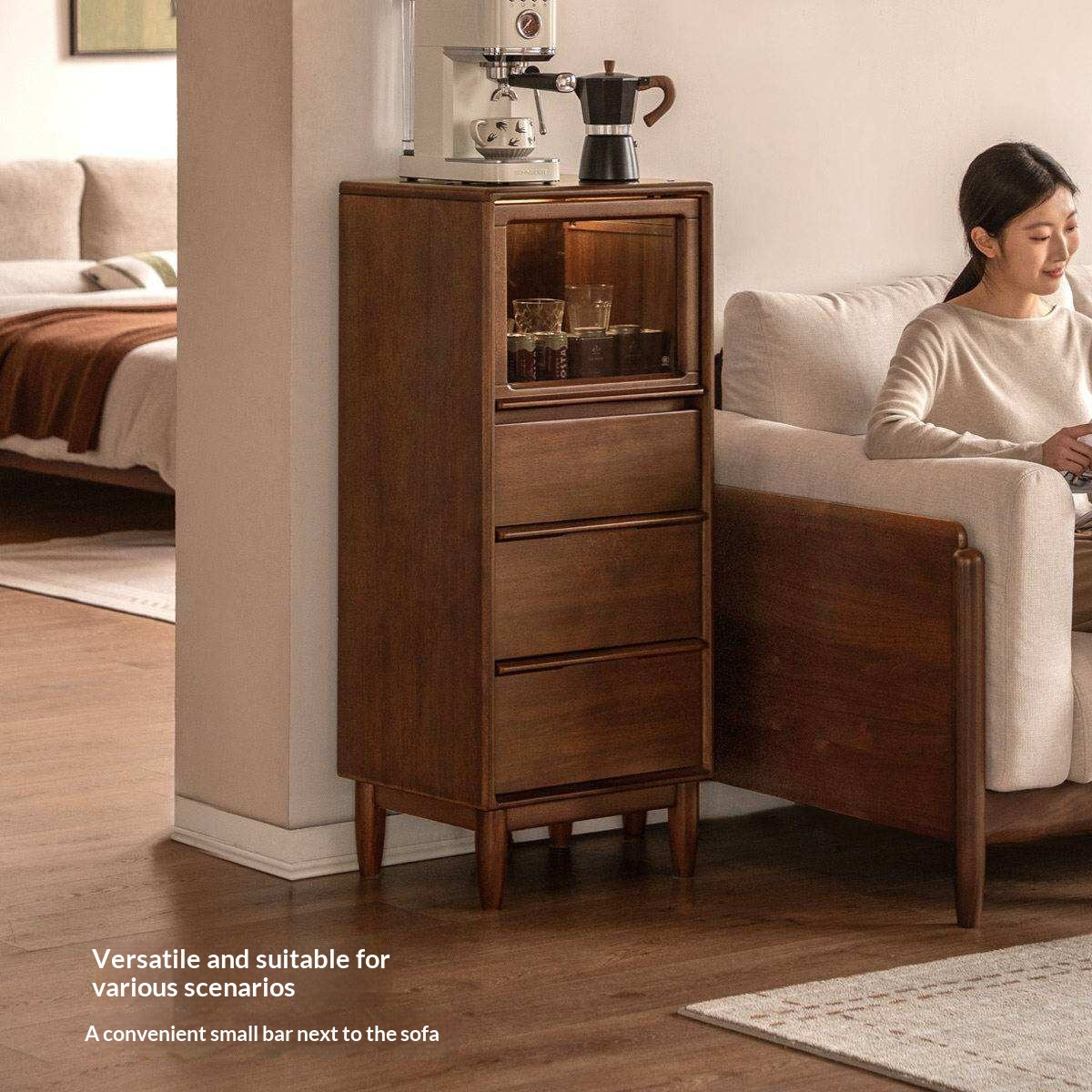 Golden Pear solid wood Side Cabinet with Enclosed Storage and Display Shelves