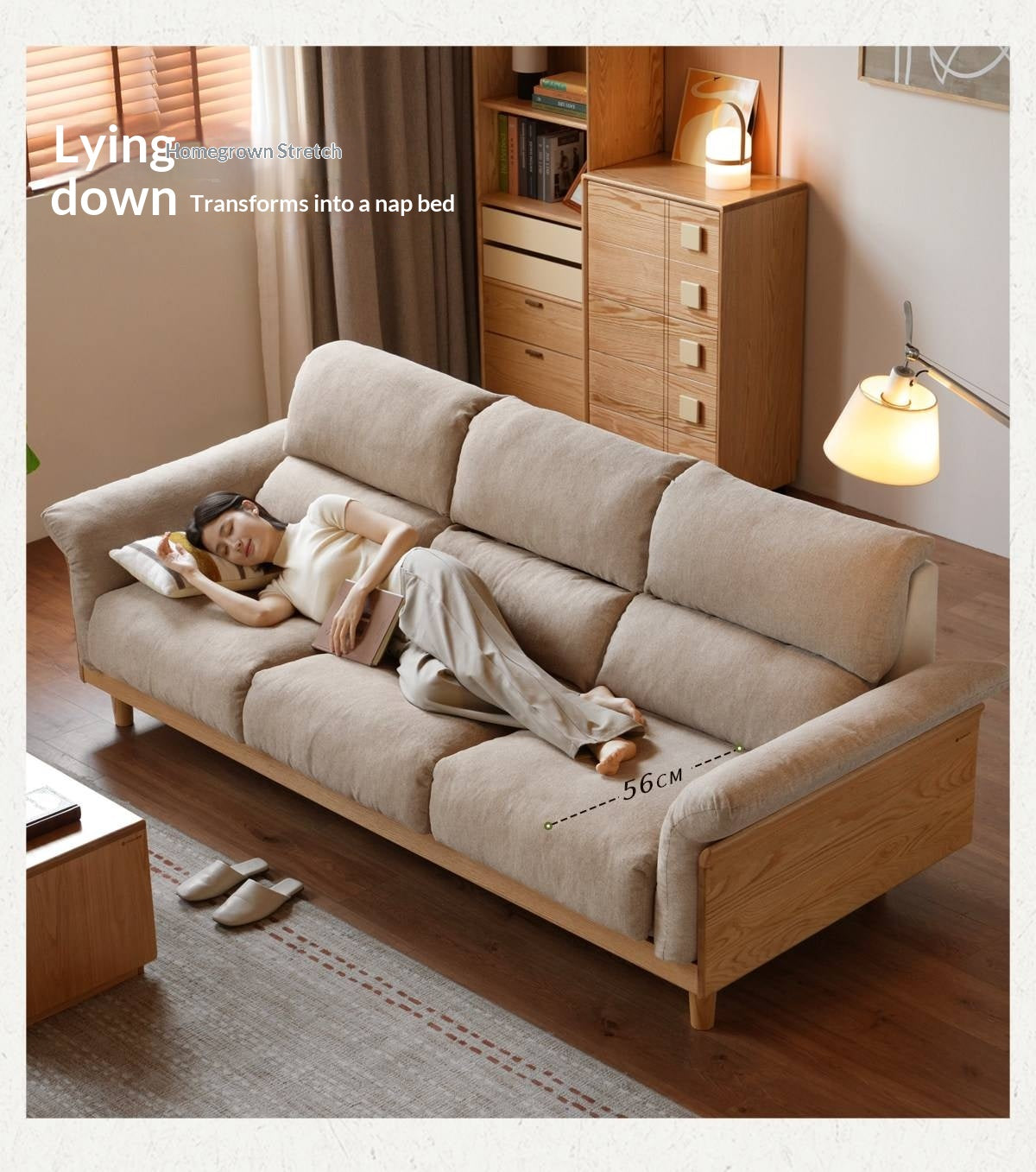 Oak Solid Wood Fabric Sofa, Couch with High Back Cushions, Durable Pet-Friendly Upholstery