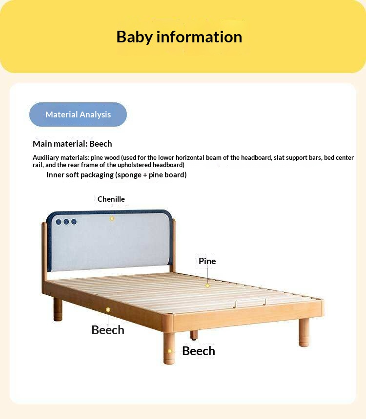 Beech Solid Wood Kids Montessori Platform Bed with Upholstered Headboard