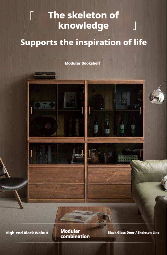 Black Walnut Solid Wood Light Luxury Style Bookcase Combination