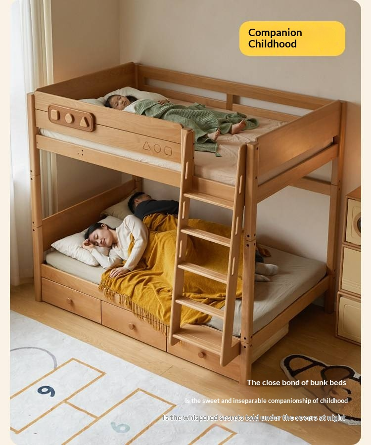 Beech Solid Wood Convertible Bunk Bed with Storage Drawers