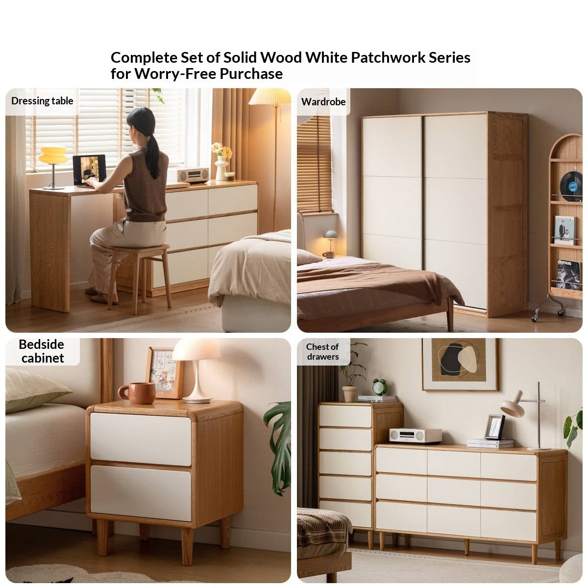 Oak Solid Wood Vanity Table & Storage Cabinet Set Cream Style