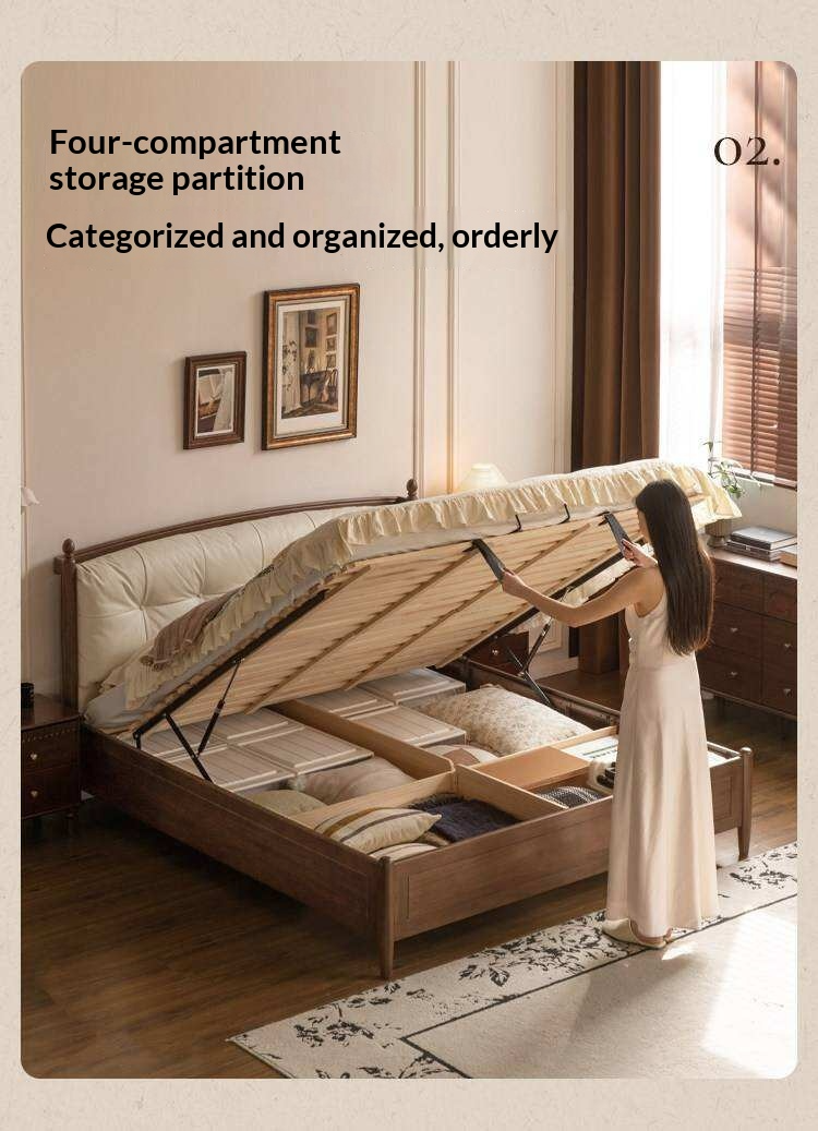 Black Walnut Solid Wood Four Poster Storage Bed with Tufted Headboard and Gas Lift
