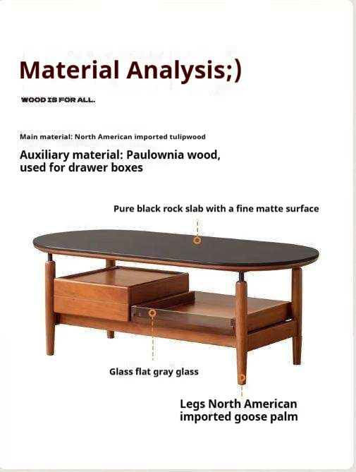 Tulipwood Solid Wood Coffee Table with Rock Slab Top in Retro Style