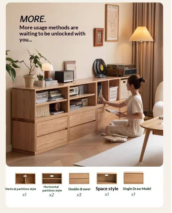 Ash Solid Wood Modern TV Cabinet with Freely Combineable Bookshelf and Storage