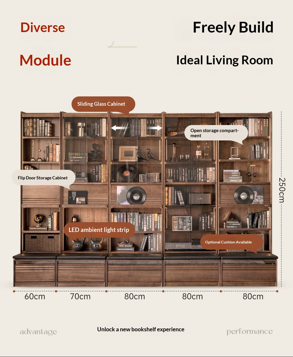 Black Walnut, Ash Solid Wood Combination Bookcase with Floor Display and Luxury Storage
