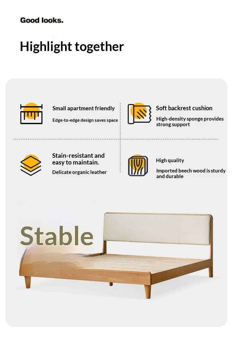 European Beech Solid Wood Bed — Soft Headboard, Simple Upholstered Light Luxury Bed