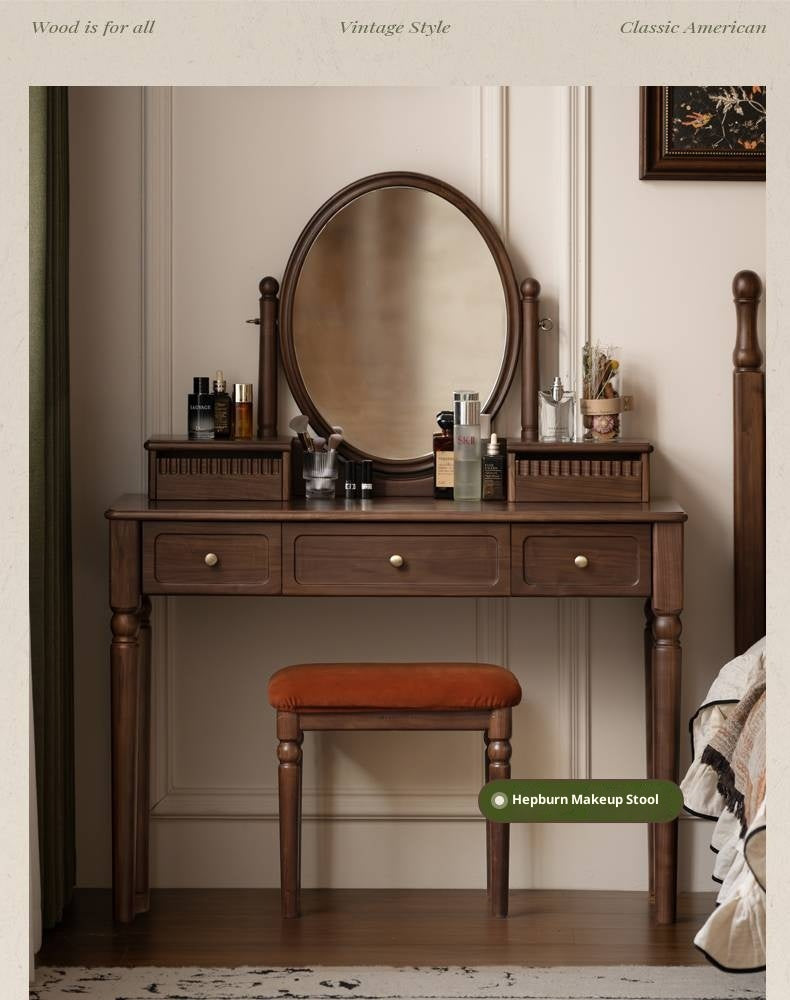 Black Walnut, Tulipwood Solid Wood Retro Style Vanity Table With Built-In Mirror