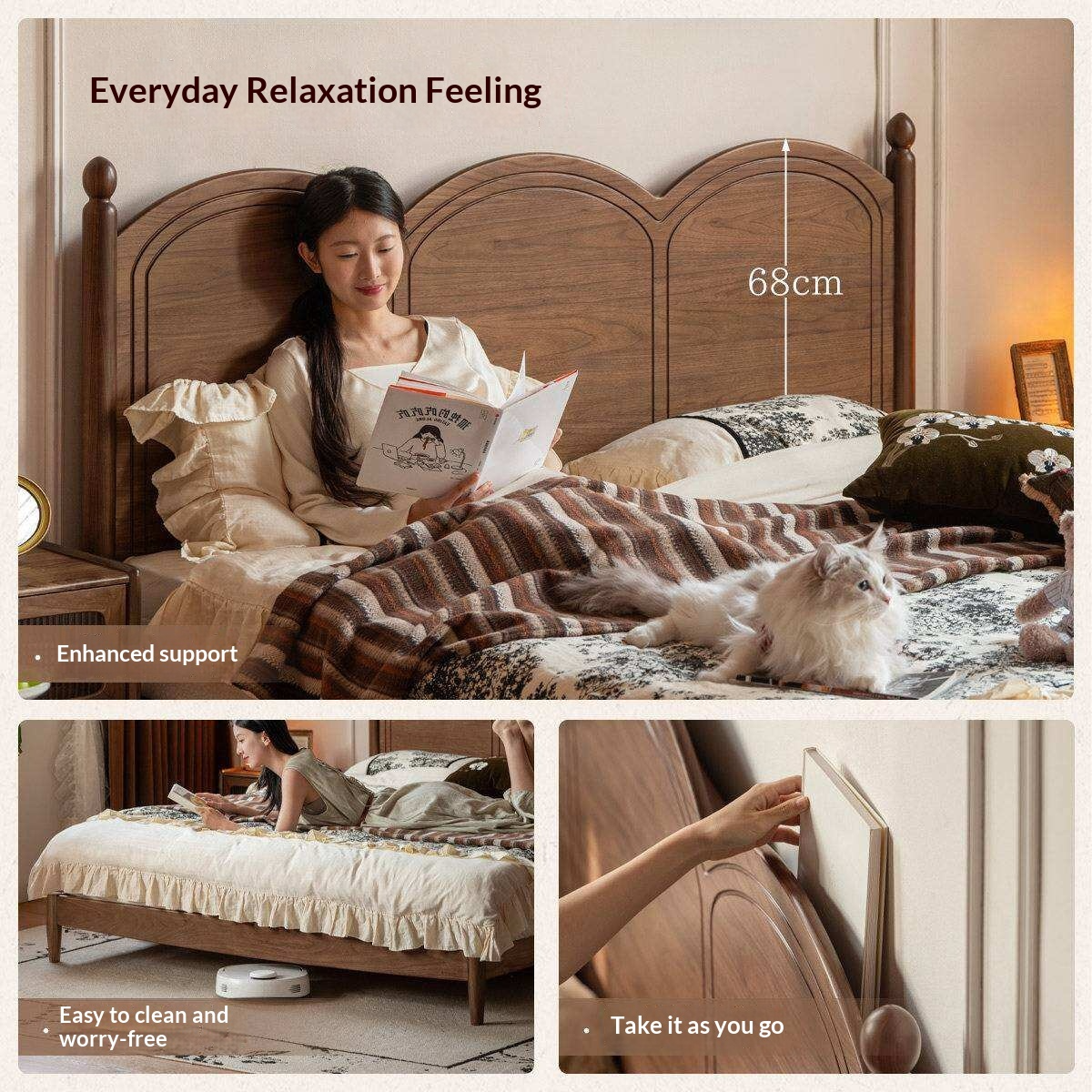 Black Walnut Solid Wood Bed with Arched French Country Headboard and Spindle Legs