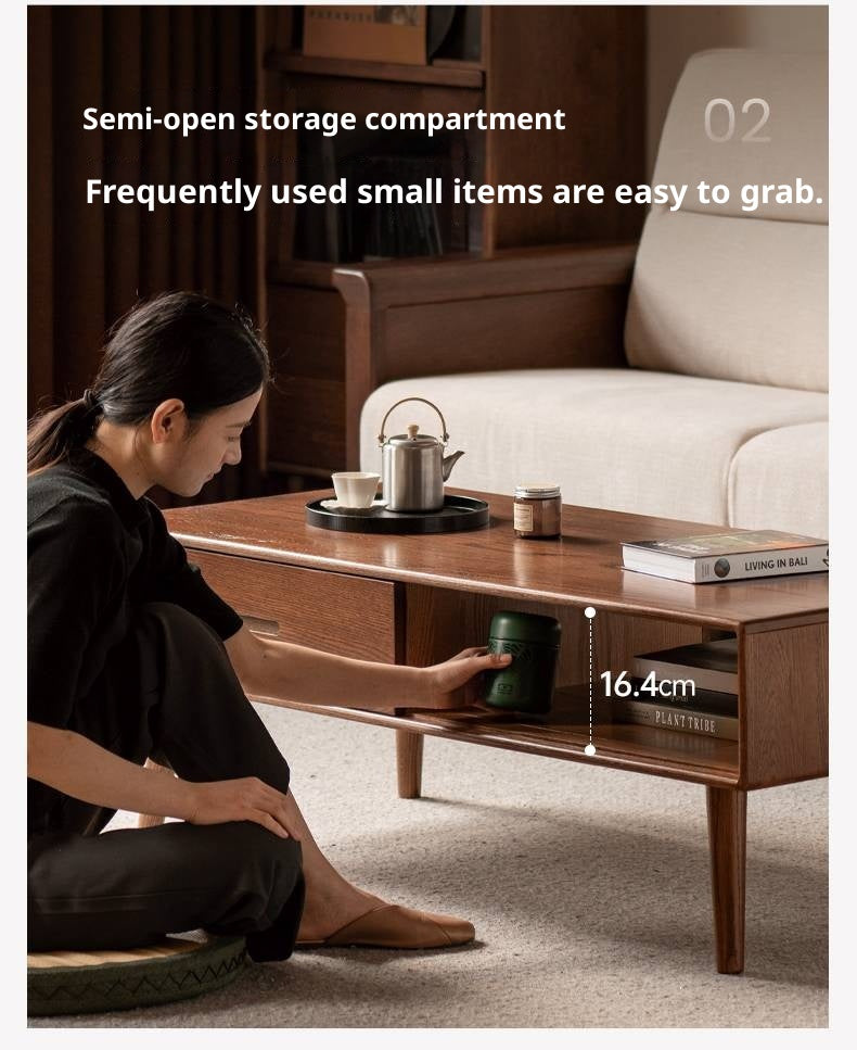 Oak, Solid Rubberwood Two-Drawer Coffee Table Walnut Color