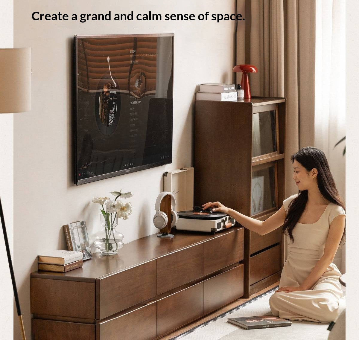 Solid Longan Hardwood Floating Media Console with Push-Open Drawers