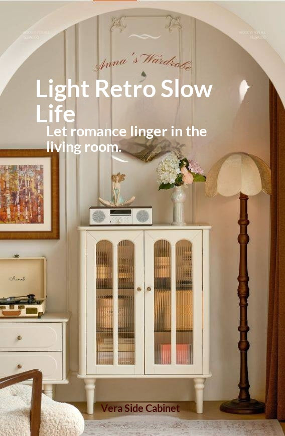 Solid RubberWood French Accent Cabinet with Round Arch Glass Doors and Turned Legs