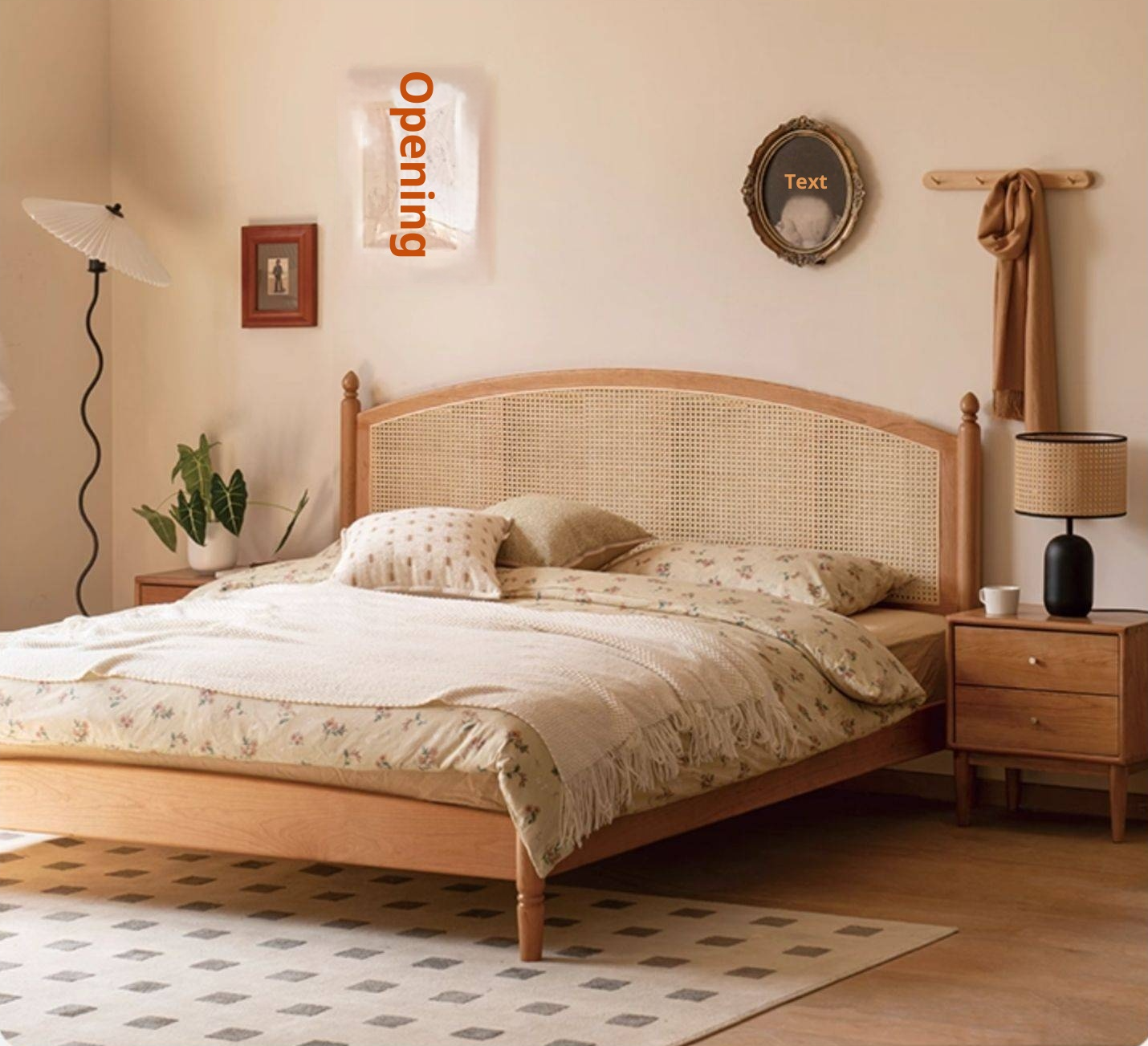 Cherry Solid Wood Rattan Bed Retro