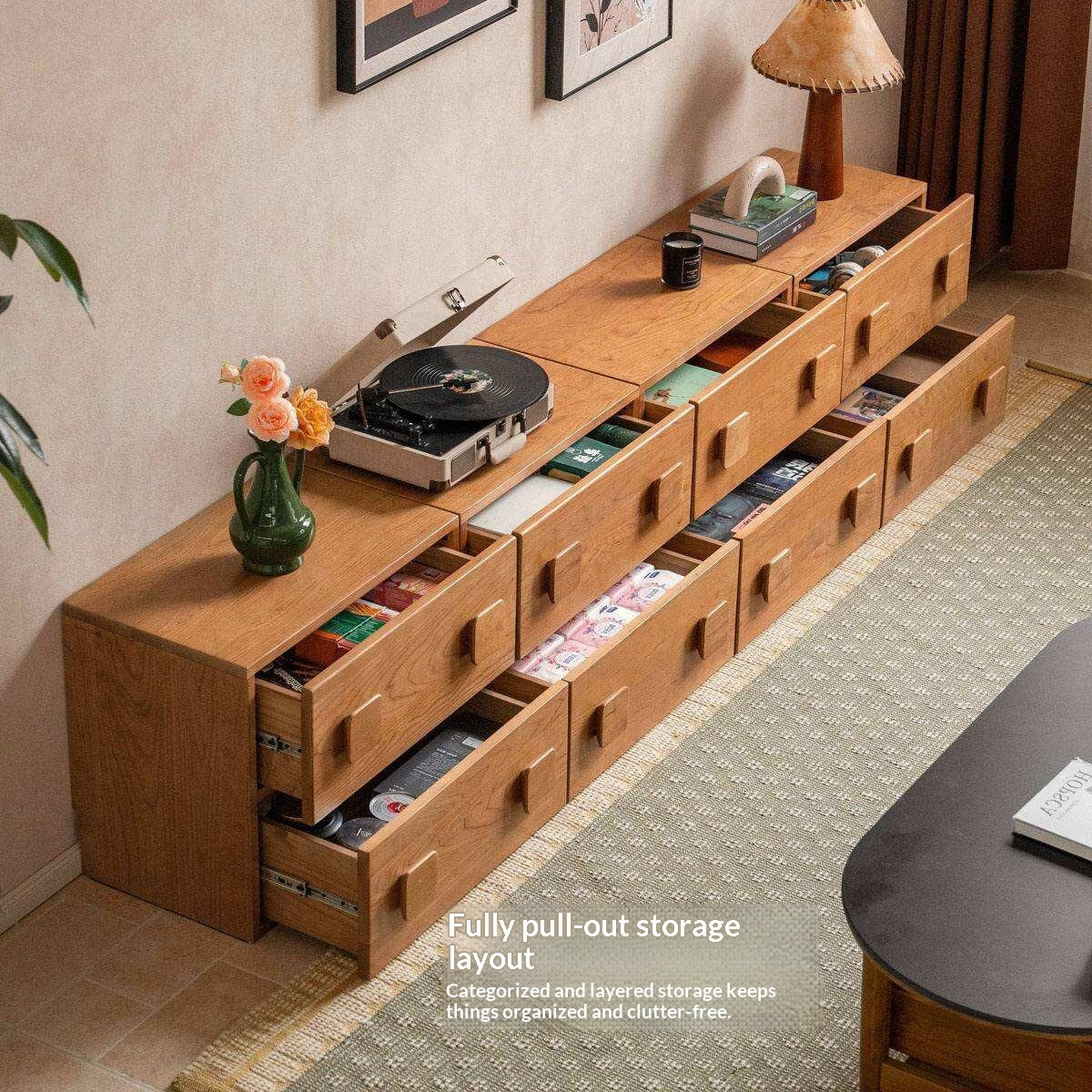 Cherry Solid Wood TV Stand with Multi-Functional Storage Modules