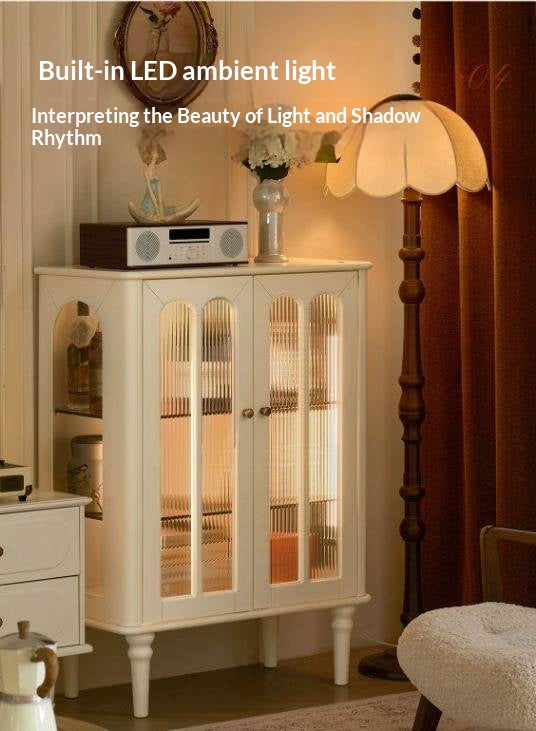 Solid RubberWood French Accent Cabinet with Round Arch Glass Doors and Turned Legs