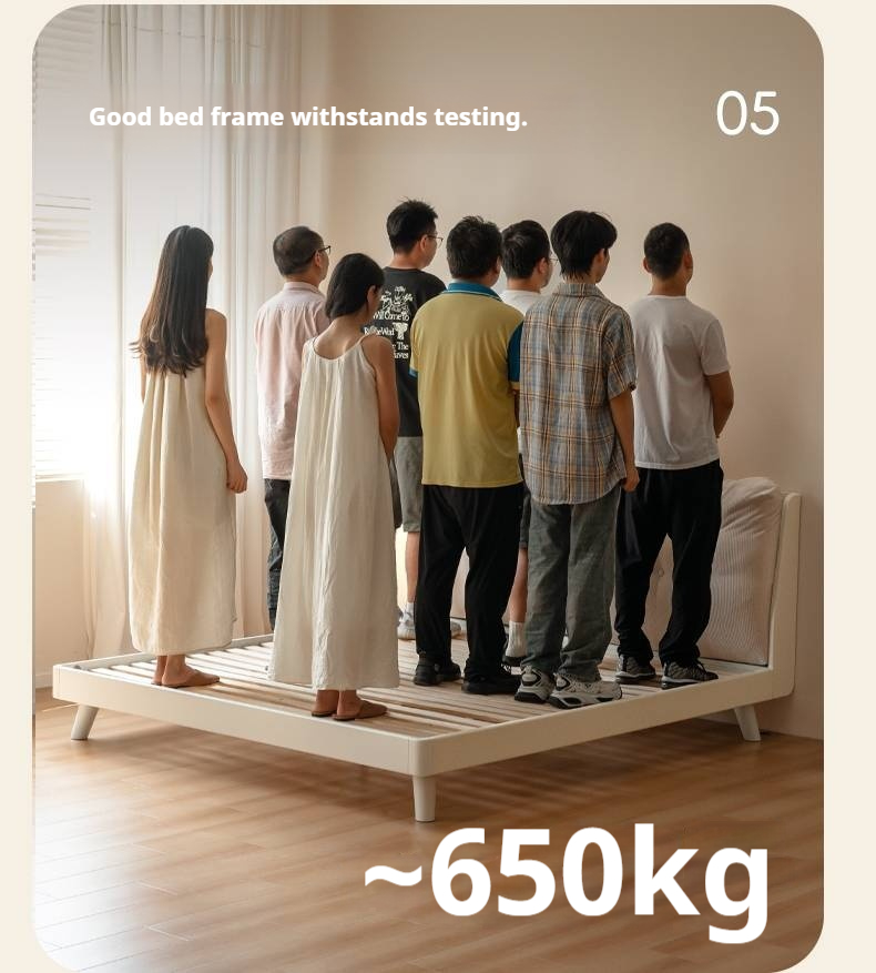 Oak, Rubberwood Solid Bed with Cream Finish — Casual Bedside with Soft Bag Backrest and White Soft Back