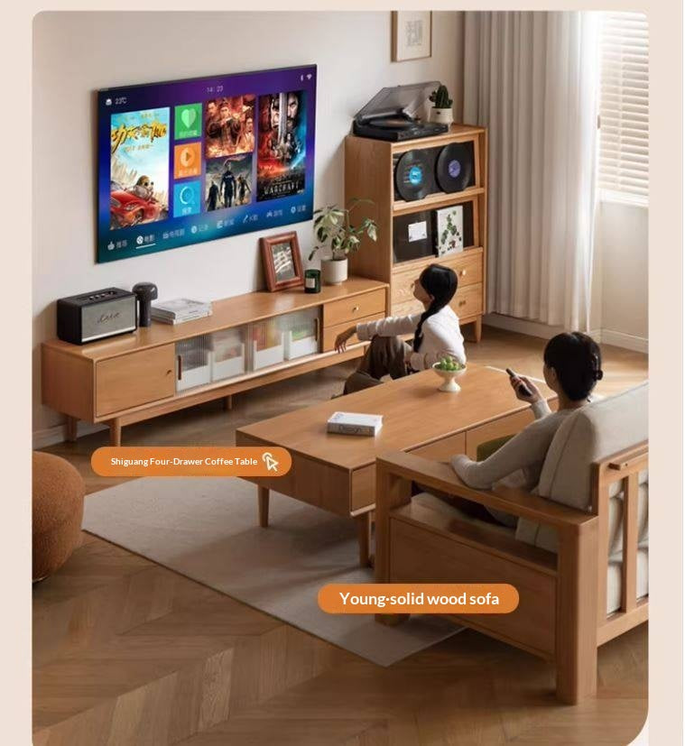 Poplar Solid Wood Glass Sliding Door Storage TV cabinet.