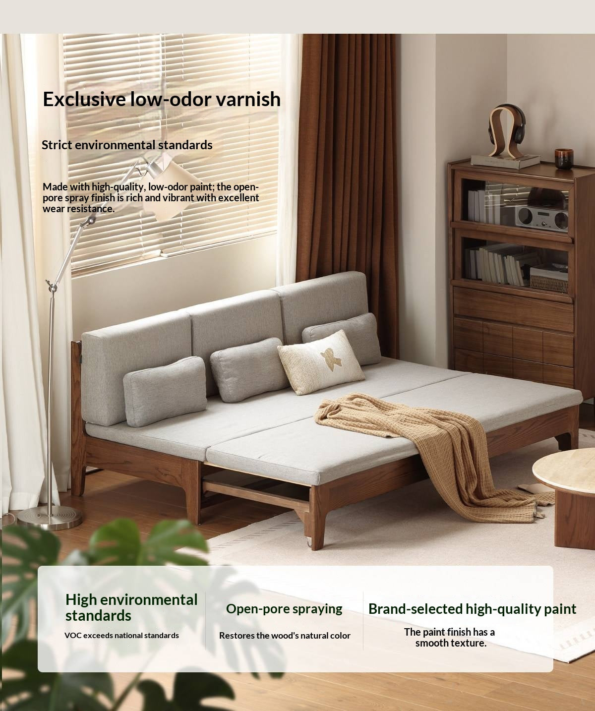 Oak Solid Wood Pull-Out Sofa Bed with Extended Sleeping Platform