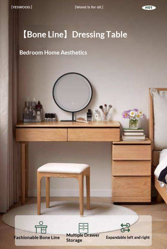 Oak Solid Wood Modern Retractable Vanity Table.