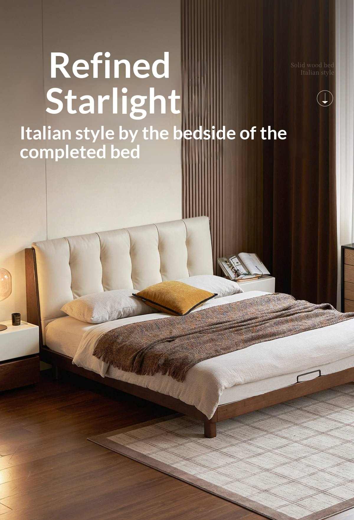 Rubberwood Solid Wood Italian Style Bed with Leather Headboard and Soft Goose Down Cushion