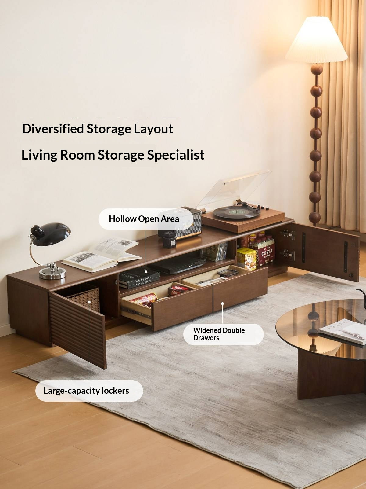 Solid RubberWood Fluted TV Media Console with Drawers and Open Shelf