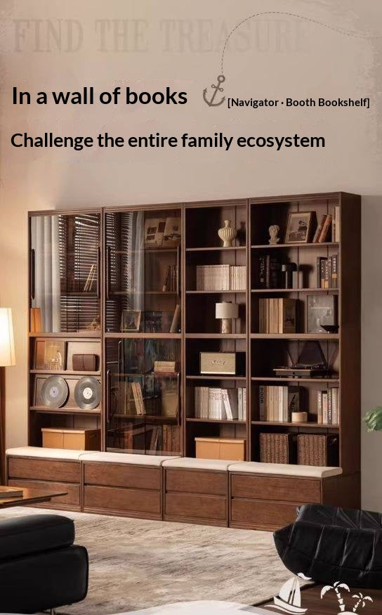 Solid Longan Hardwood, Ash Solid Wood Bookcase with Floor-to-Deck and Wall-Mounted Display Cabinet