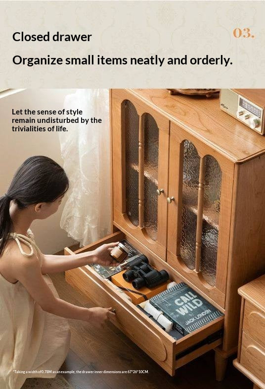 Cherry Solid Wood Side Cabinet with Glass Panels and Storage Shelves