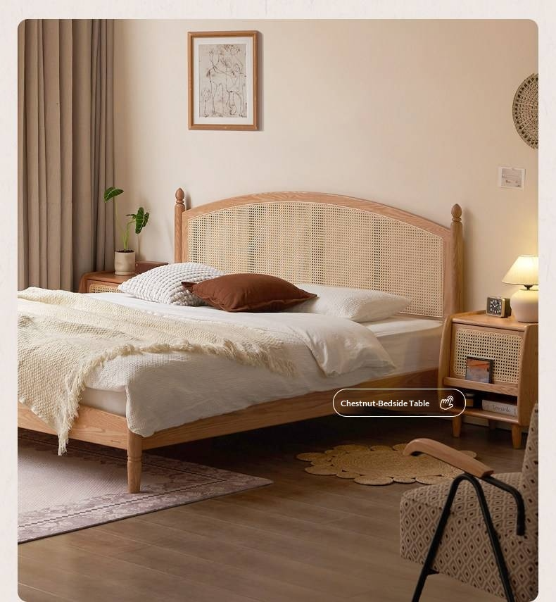 Oak Solid Wood Bed — Light Retro Style with Rattan Design