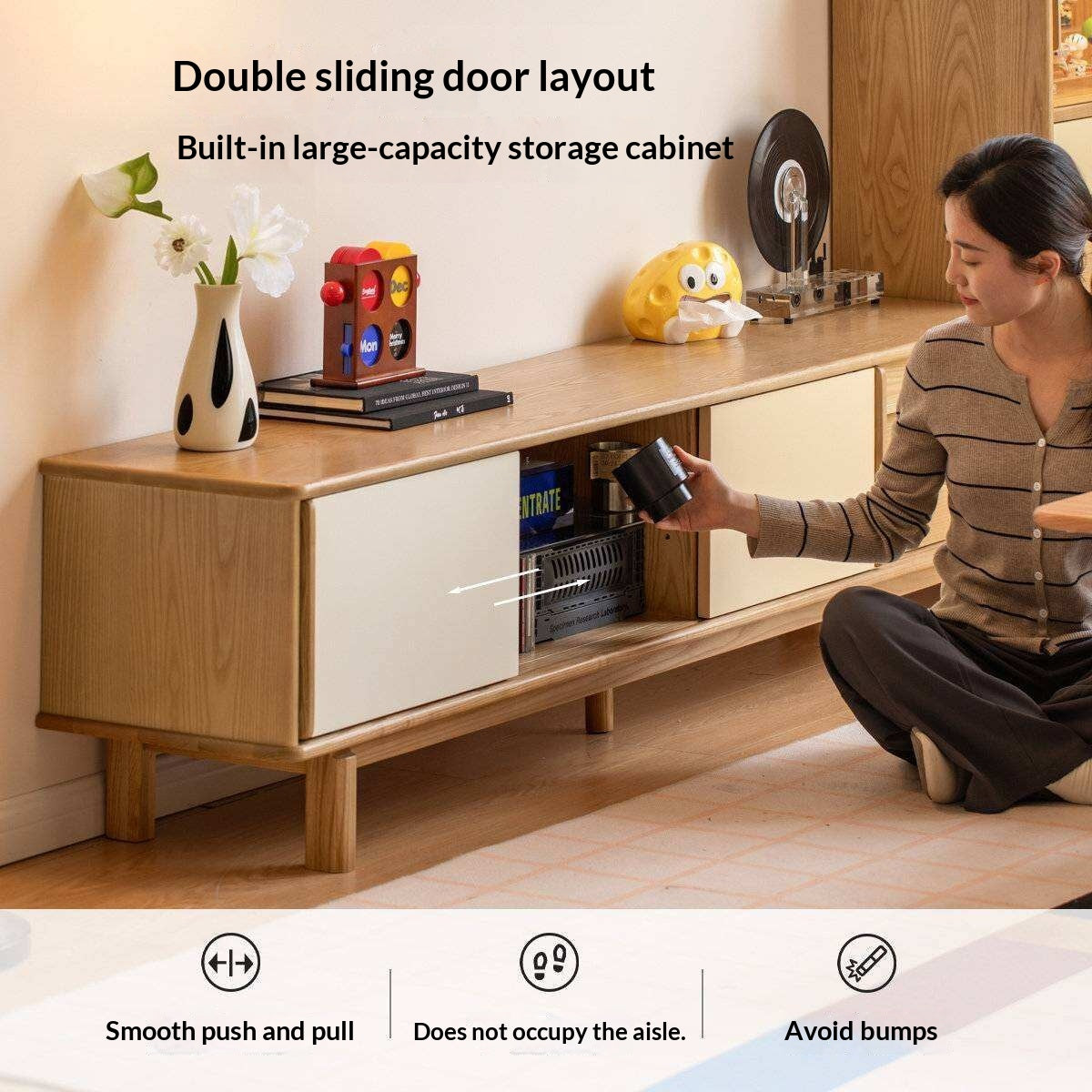 Ash Solid Wood TV Cabinet with Color Block Storage Design