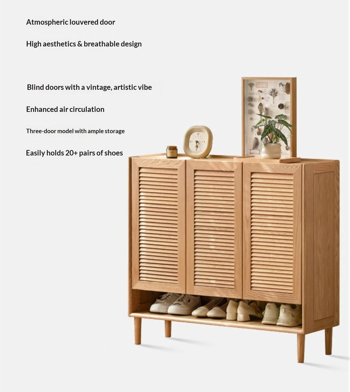 Oak Solid Wood Louvered Door Shoe Cabinet with Open Shelf for Entryway