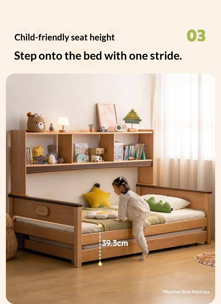 Beech Solid Wood Kids Bed with Bookcase Headboard and Pull-Out Trundle