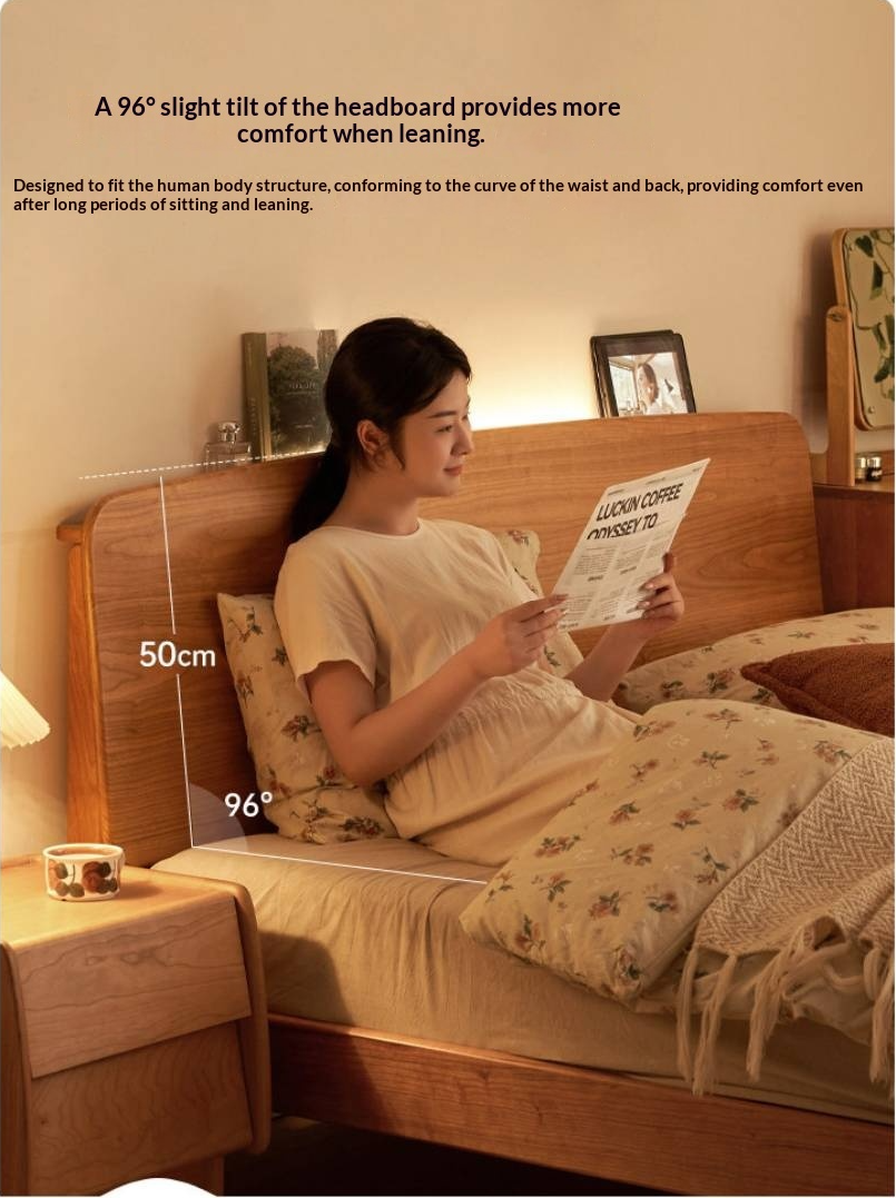 Cherry Solid Wood Bed — Retro Simple Luminous Bed with Charging and Storage