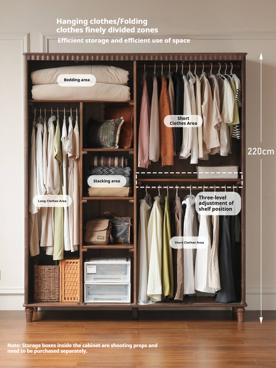 Black Walnut Solid Wood Wardrobe with American Retro Style and Light Luxury Finish