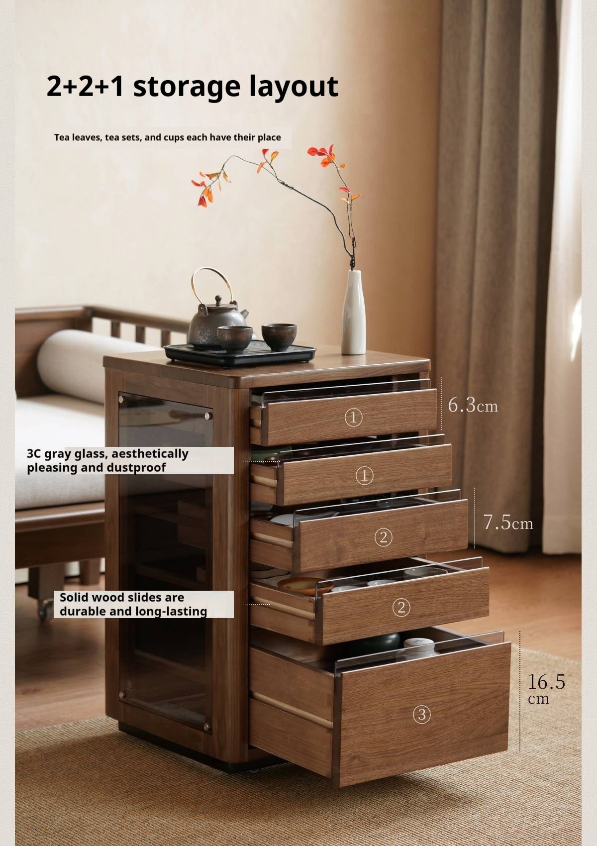 Black Walnut Solid Wood Tea Set Storage Rolling Side Cabinet with Fluted Drawers