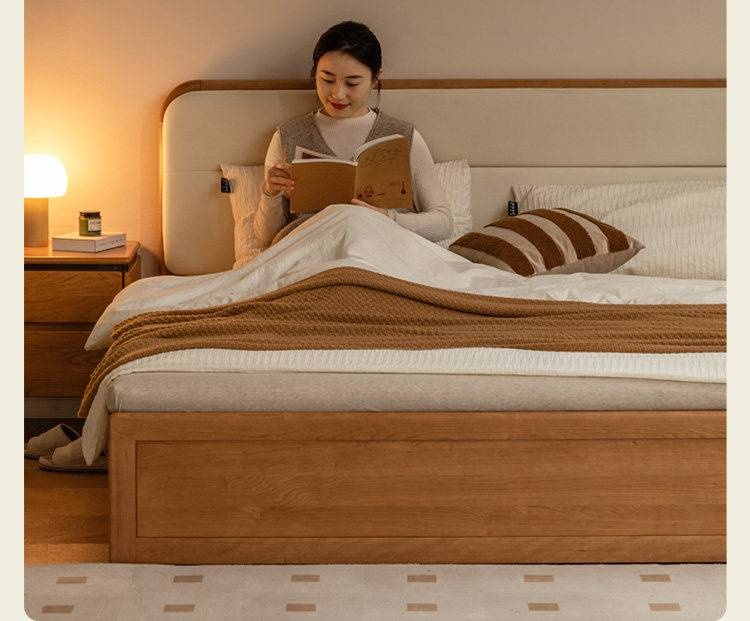 Cherry Solid Wood Box Bed — Vintage Style with Soft Backrest