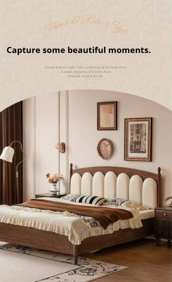 Oak Solid Wood Box Bed with Upholstered Vertical Channel Tufted Arched Headboard