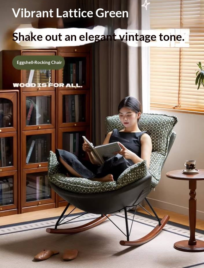 Egg Shell Rocking Lounge Chair with Upholstered Cocoon Seat and Metal Frame With Beech Legs