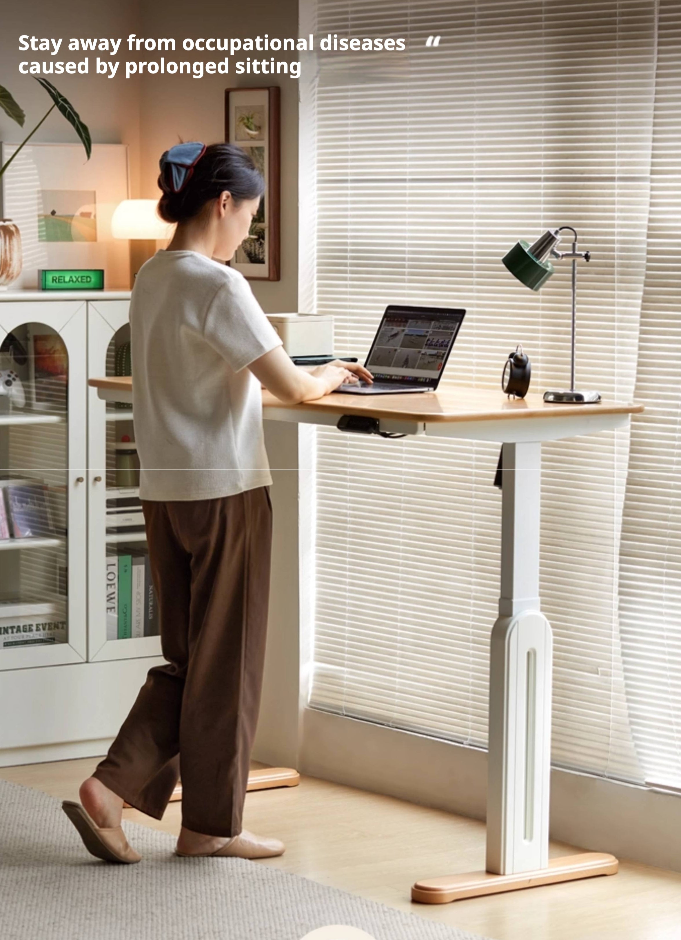 Beech Solid Wood Cream Style Study Electric Lift Desk.