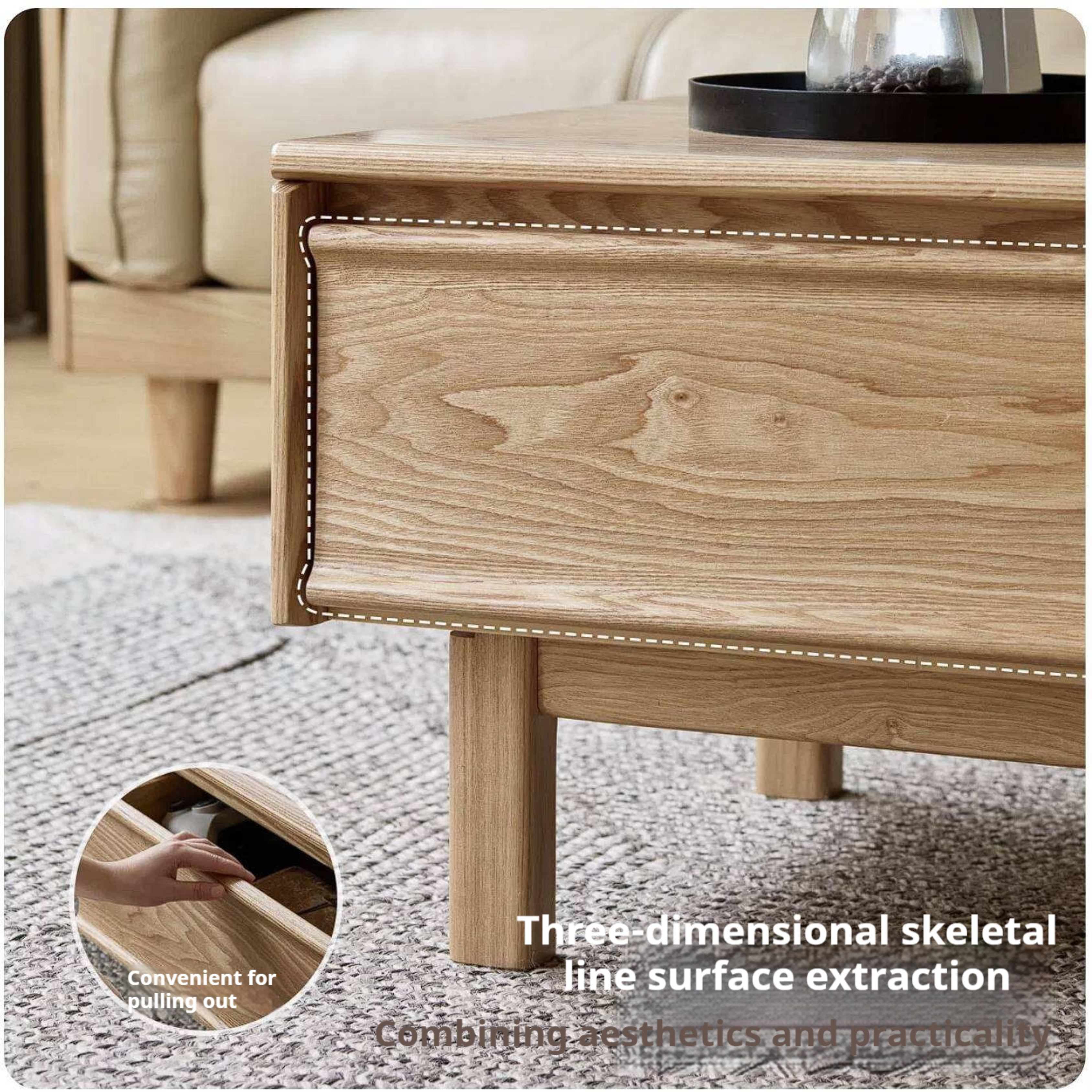 Ash Solid Wood Coffee Table with Beveled Edge, Two Drawers, Tapered Legs