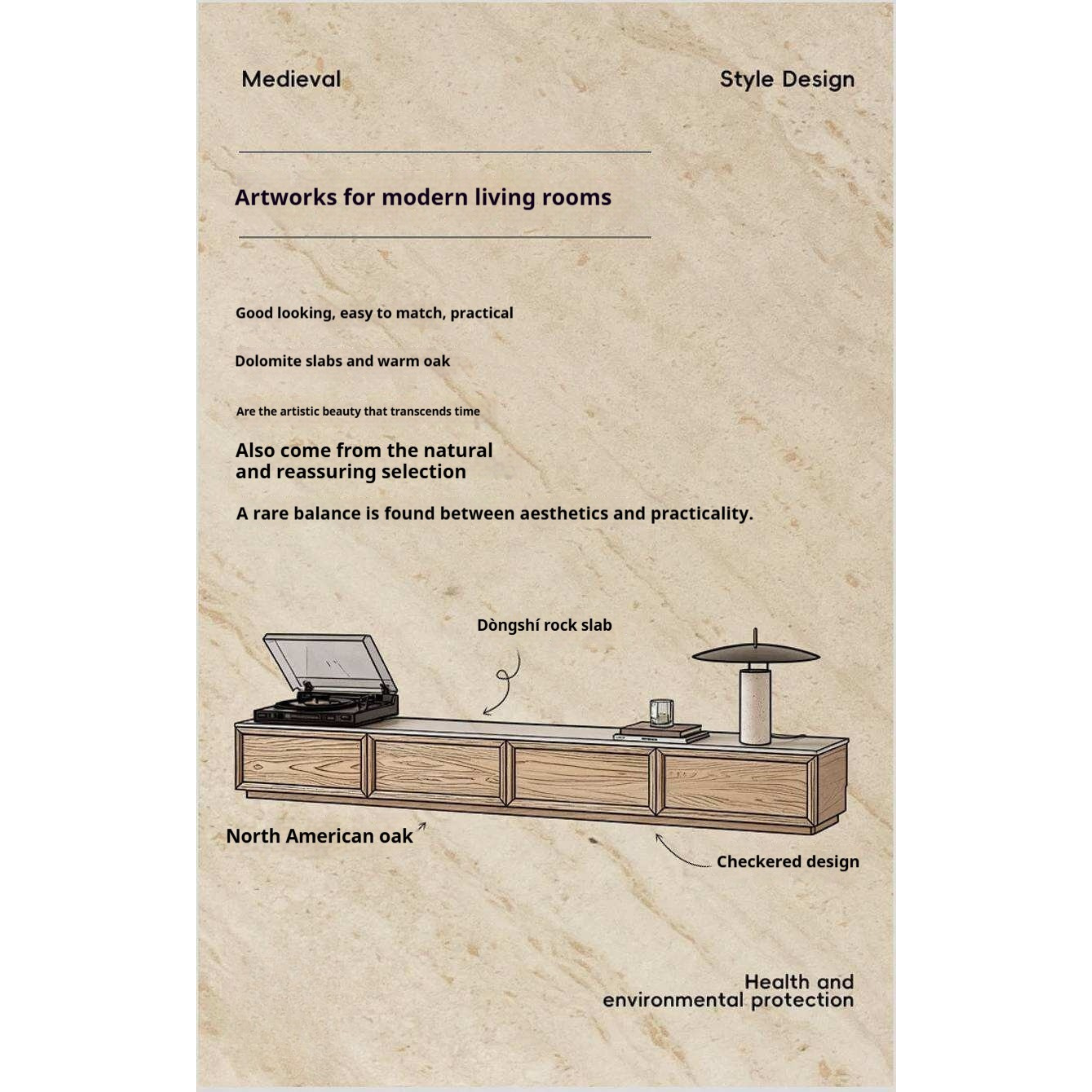 Oak Solid Wood TV Stand with Integrated Storage and Stone Top Panel