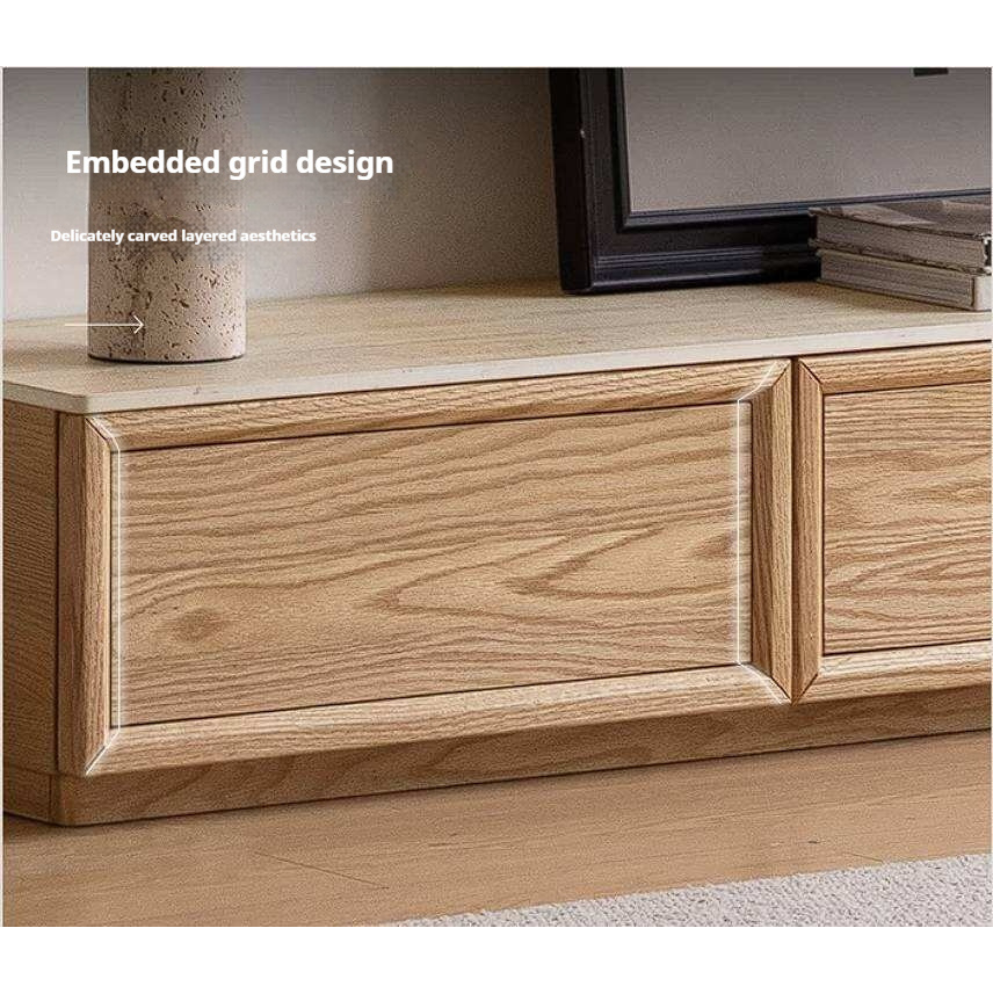 Oak Solid Wood TV Stand with Integrated Storage and Stone Top Panel