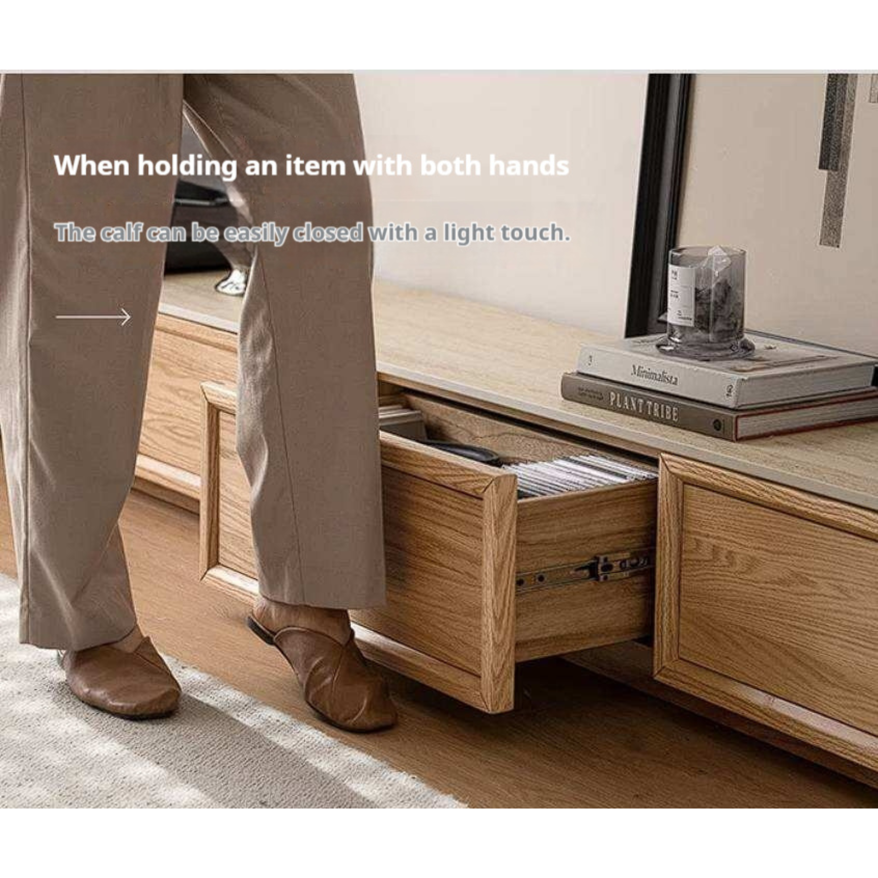 Oak Solid Wood TV Stand with Integrated Storage and Stone Top Panel