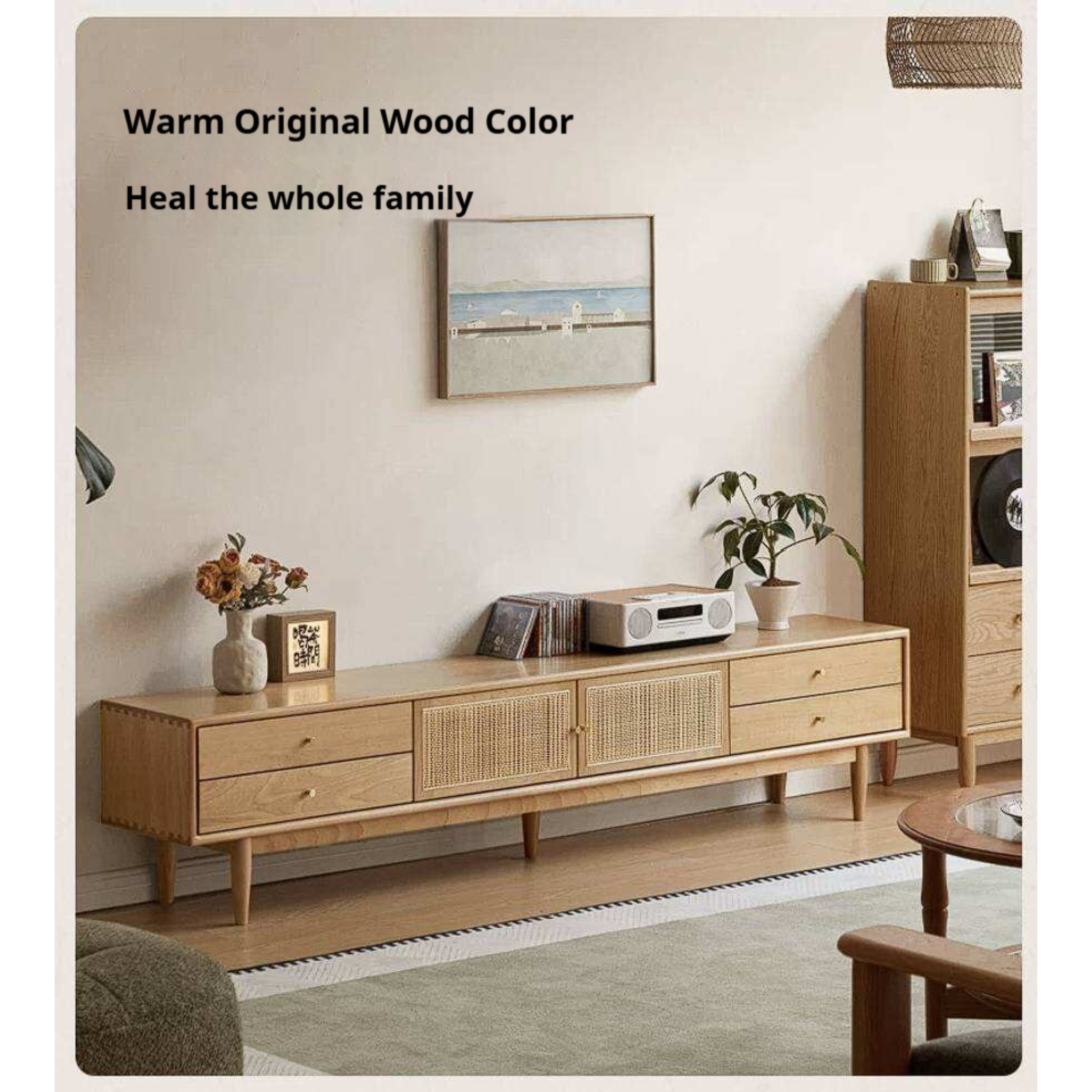 Birch Solid Wood TV Cabinet with Rattan Sliding Doors and Minimalist Storage