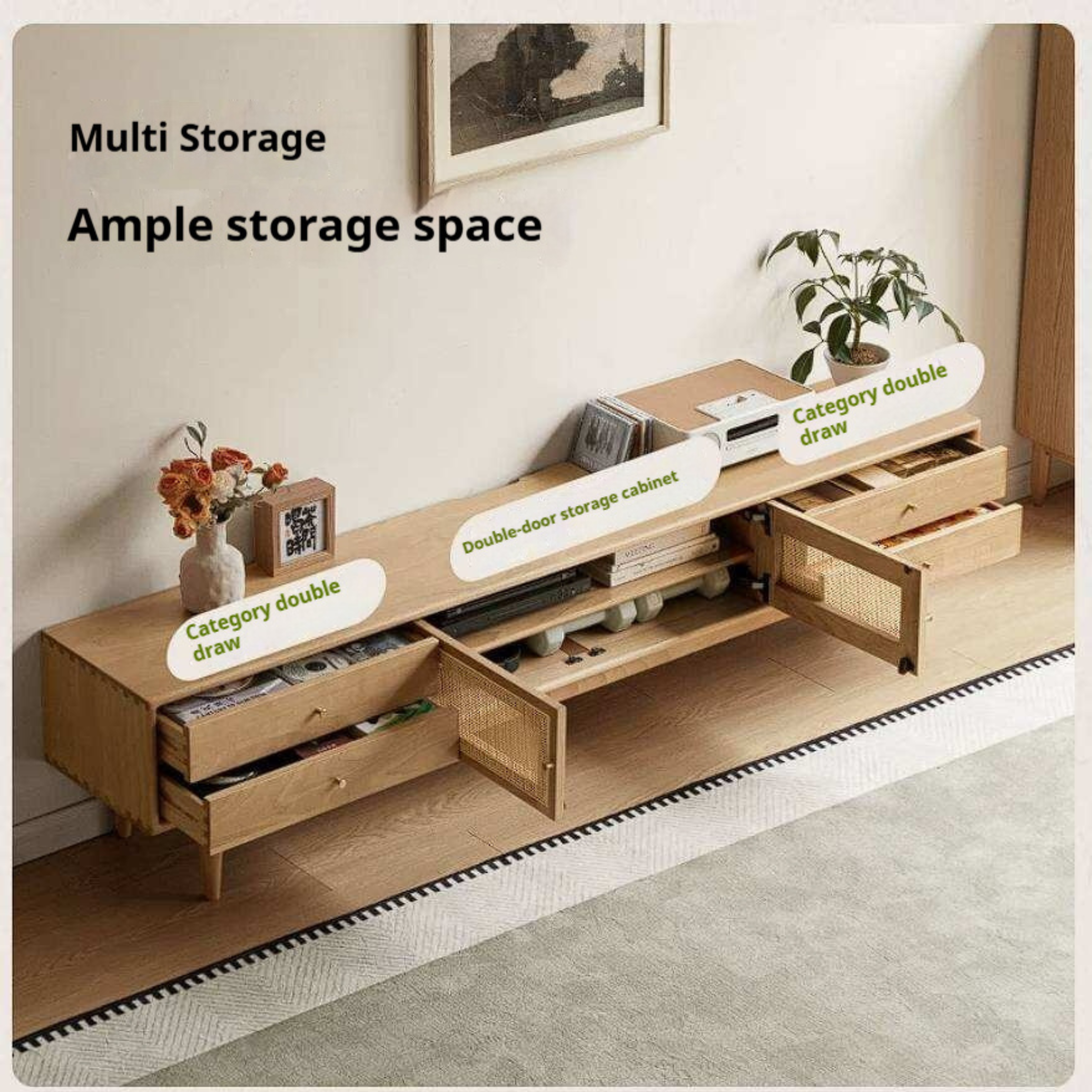 Birch Solid Wood TV Cabinet with Rattan Sliding Doors and Minimalist Storage