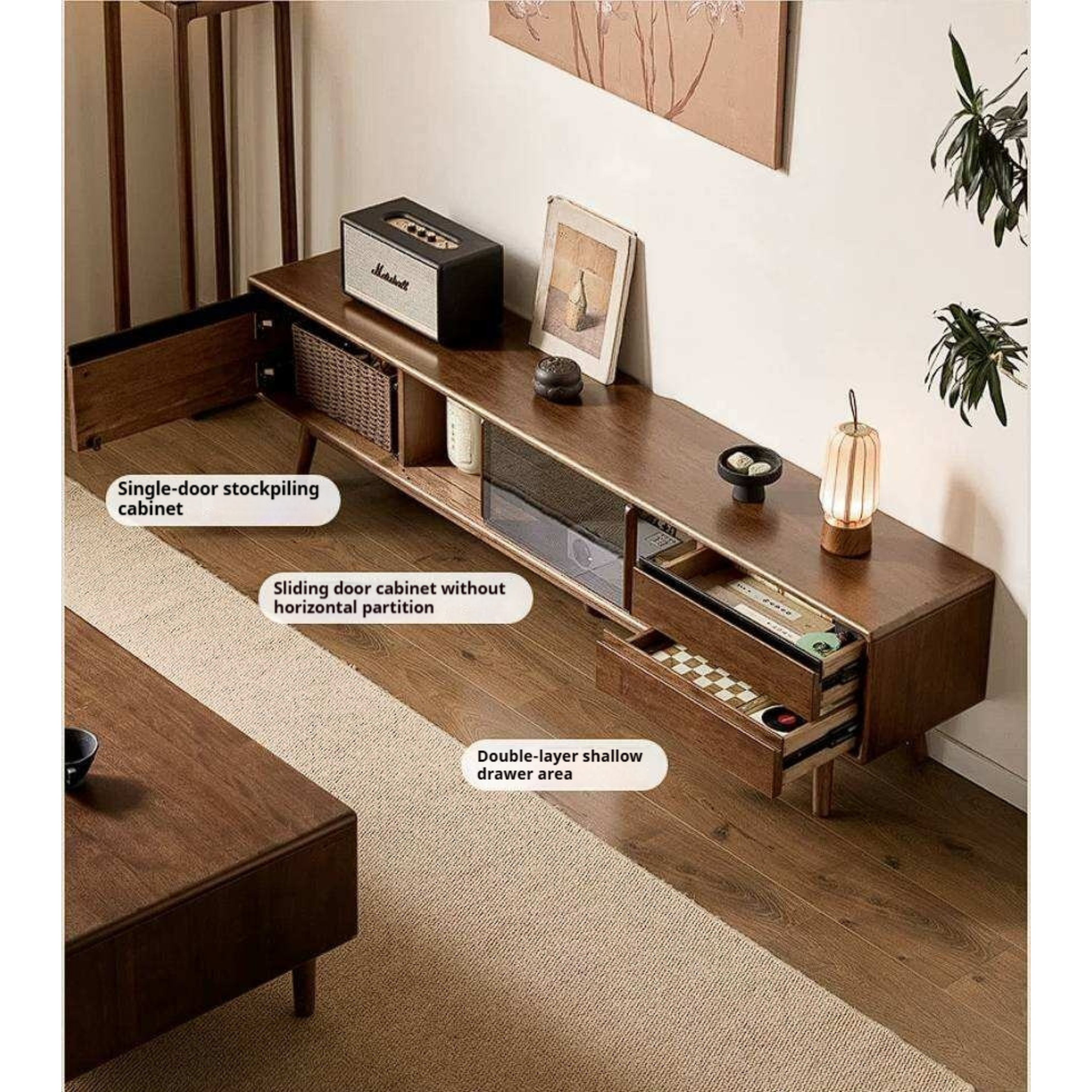 Golden Pear Solid Wood TV Cabinet with Sliding Door Storage Cabinet